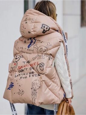 Khrisjoy Graffiti Print Puffer Vest - Sand